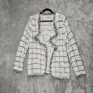 Woman Open Front Tweed Blazer Jacket Size Large Ivory Black Boucle Preppy Career